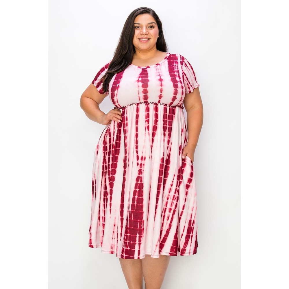 Plus size shirred print dress with side pockets 1XL-3XL